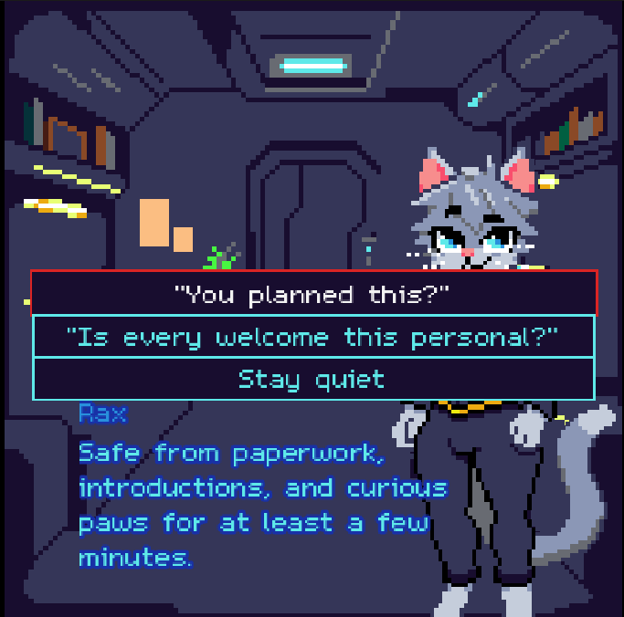 Screenshot from Gay Cats in Space showing visual novel dialogue aboard the station
